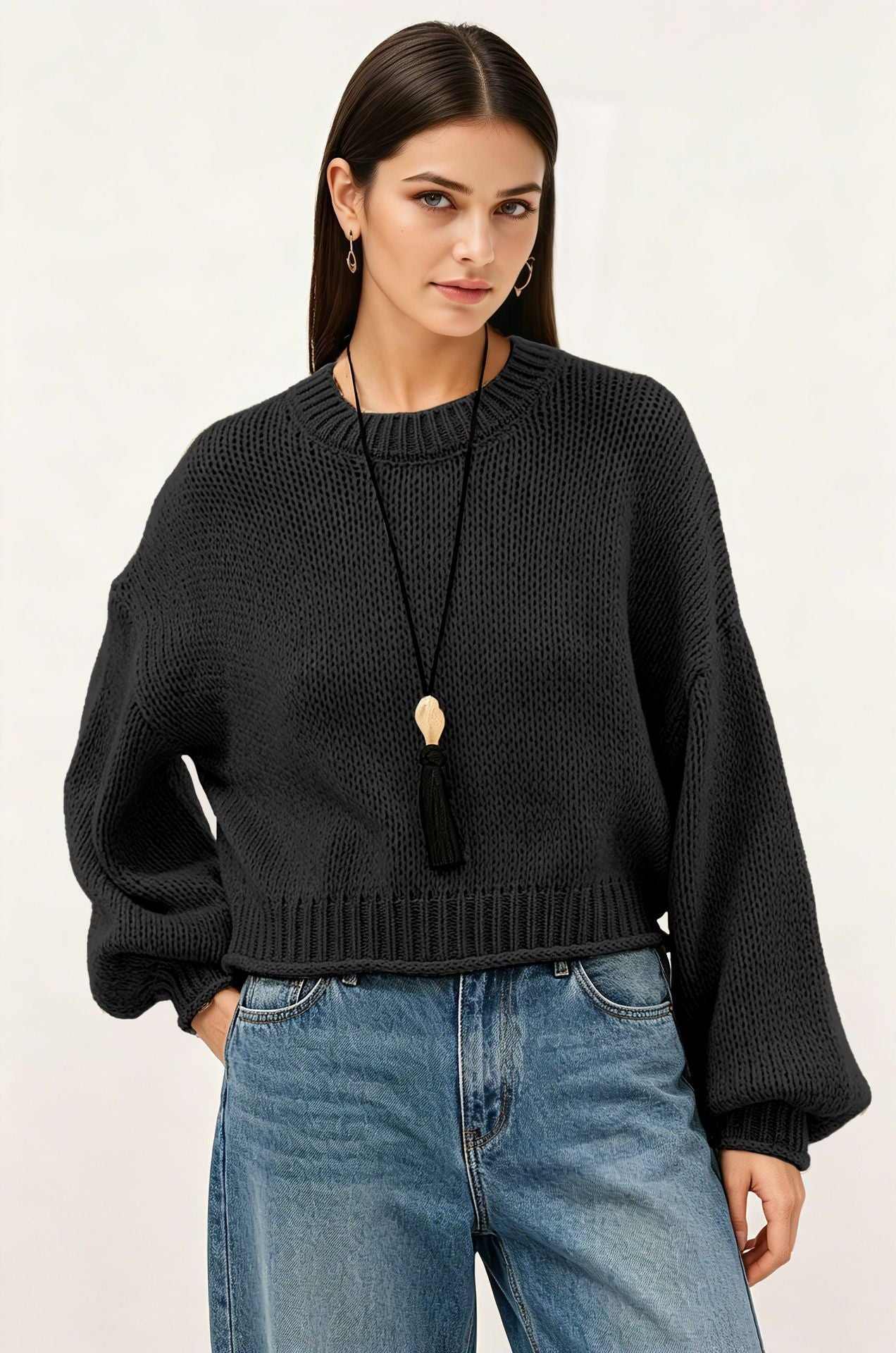 Womens Loose-Fit Round-Neck Casual All-Match Knitted Sweater