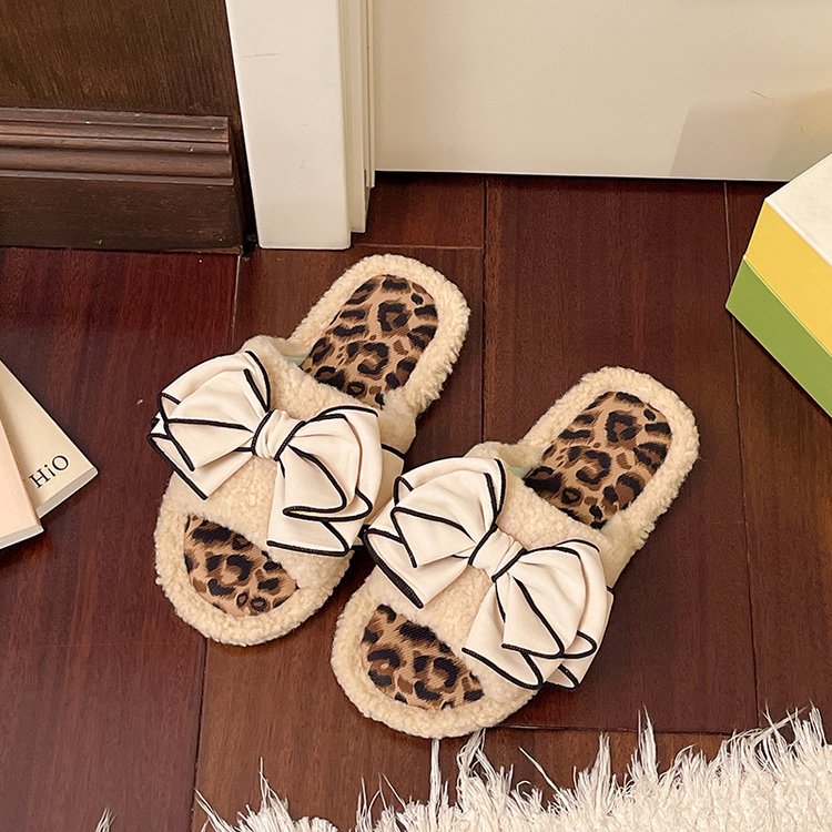 Women's Korean Style Bow Plush Warm Furry Slippers, 2026 Autumn Winter Leopard Print Patchwork Wearable Indoor Cotton Slides