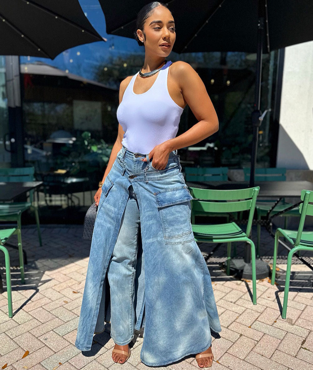 Womens Faux Two-piece Denim Jean Skirt