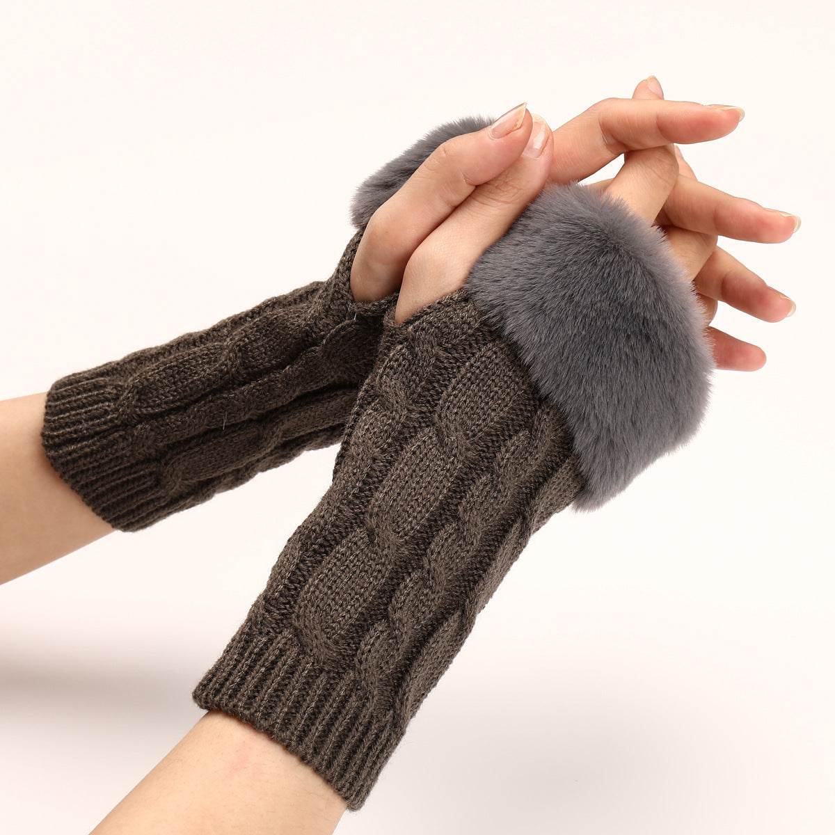 Women's Cable Knit Arm Warmers - Open End Half Finger Gloves with Wool Lining for Fall Winter Cold Weather