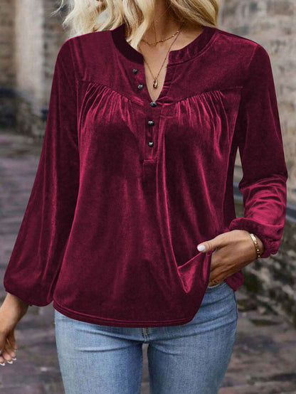 Women's Casual Chic Solid Color V-Neck Button Long Sleeve Pullover Top For Spring & Fall