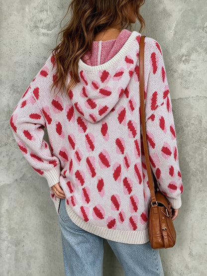 Women Casual Drop Shoulder Hooded Knit Top Pink Leopard Pattern Wool Blend Sweater