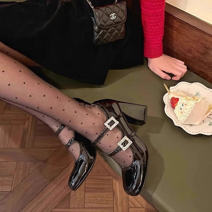Women Sweet Vintage Glossy Patent Leather Heel Pumps, Soft Round Toe Two Parallel Instep Straps Double Crystal Rhinestone Square Buckle