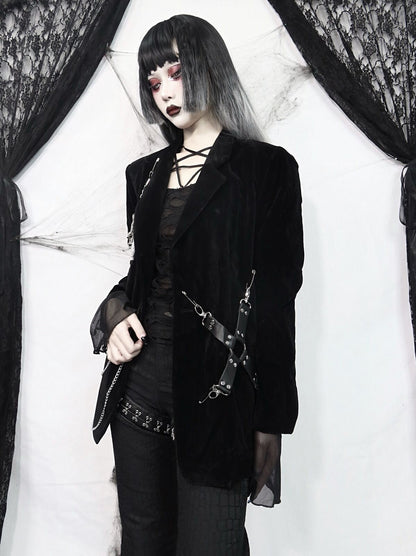 Gothic Style Dark Black Velvet Woolen Shoulder Pad Blazer Women