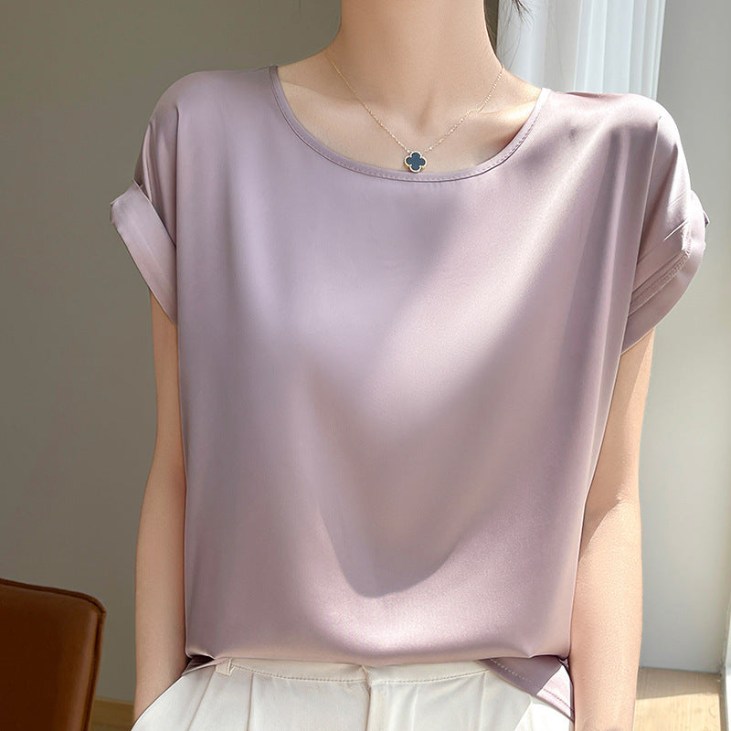 French-style Minimalist Chic Round-neck Short-sleeve Blouse For Women