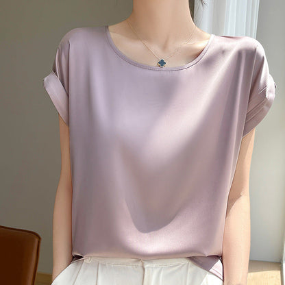 French-style Minimalist Chic Round-neck Short-sleeve Blouse For Women