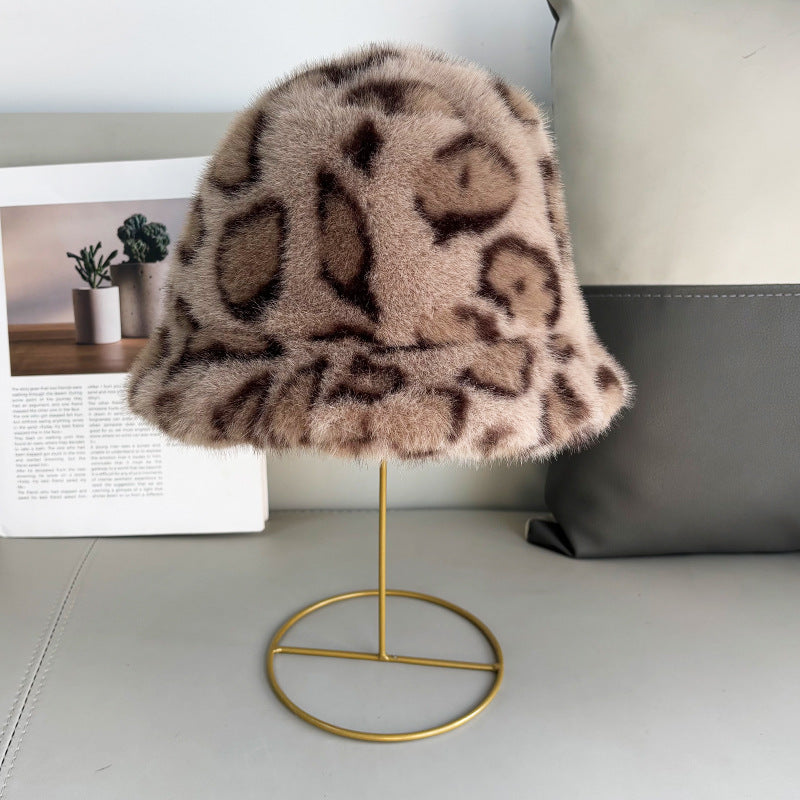 Winter And Autumn Melamine Color Leopard Print Plush Round-brimmed Fishing Hat, Soft And Fluffy Wide Brimmed, Warm And Protective Against The Cold
