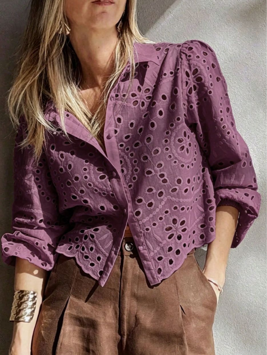Women's Solid-color Loose-fit Hollow-out Embroidered Short Shirt