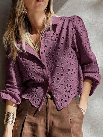 Women's Solid-color Loose-fit Hollow-out Embroidered Short Shirt