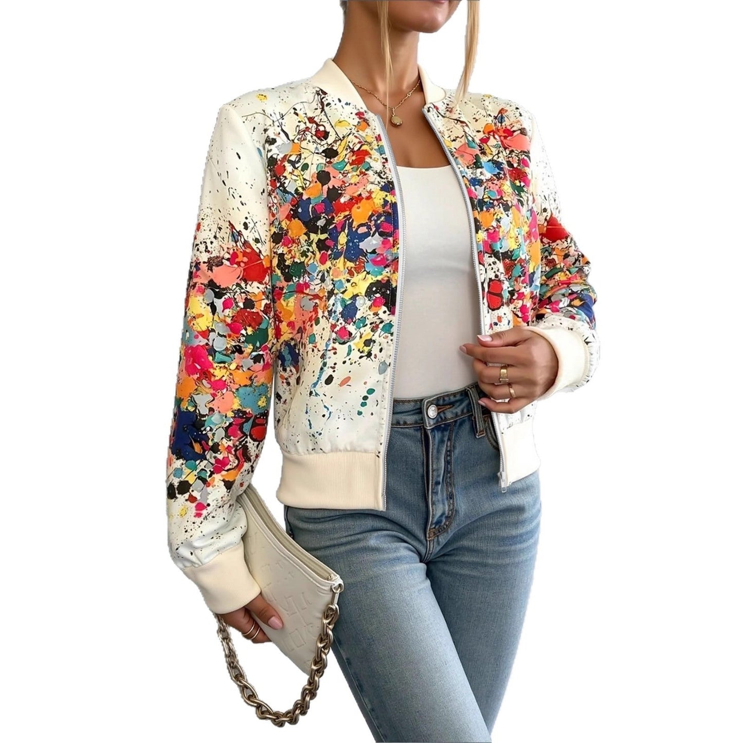 Printed European And American-style Fashionable Zippered Outer Jacket