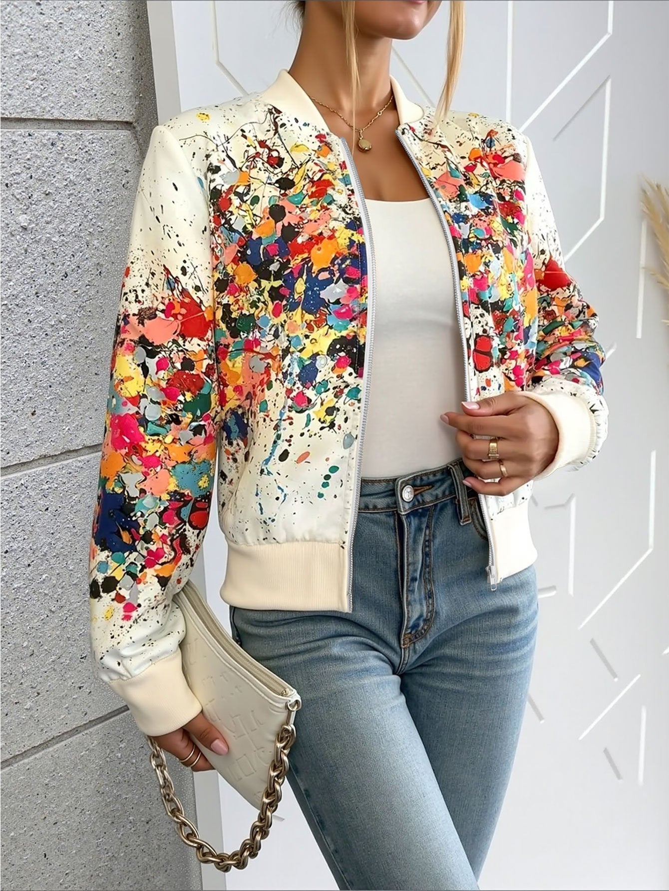 Printed European And American-style Fashionable Zippered Outer Jacket