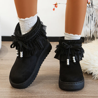 Lace Trim Bow Platform Snow Boots Women 2026 Winter New Sweet Fleece Lined Thickened Warm Cotton Boots