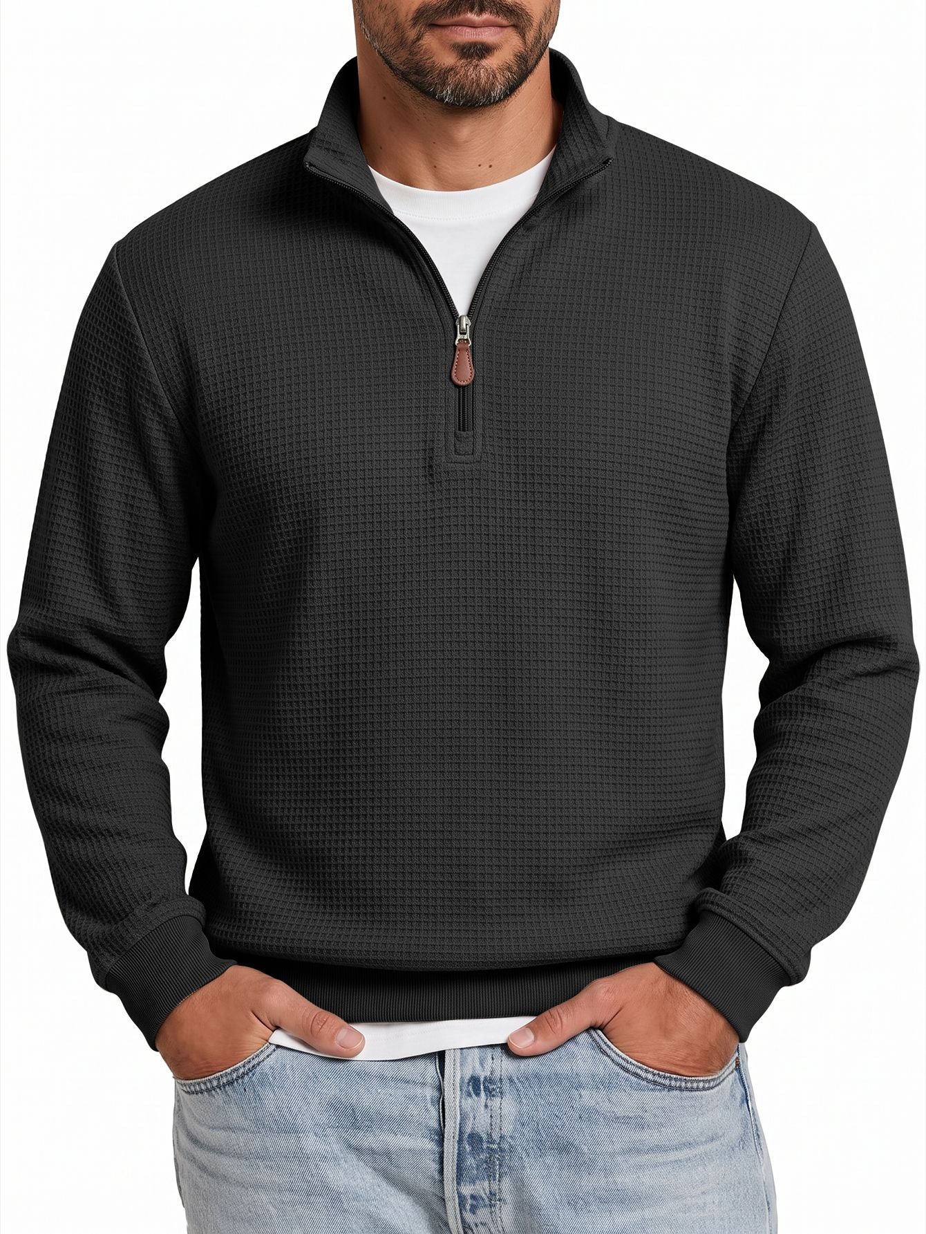 Mens Knitted Casual Hoodie With A Half-zip And Stand-up Collar Long Sleeves