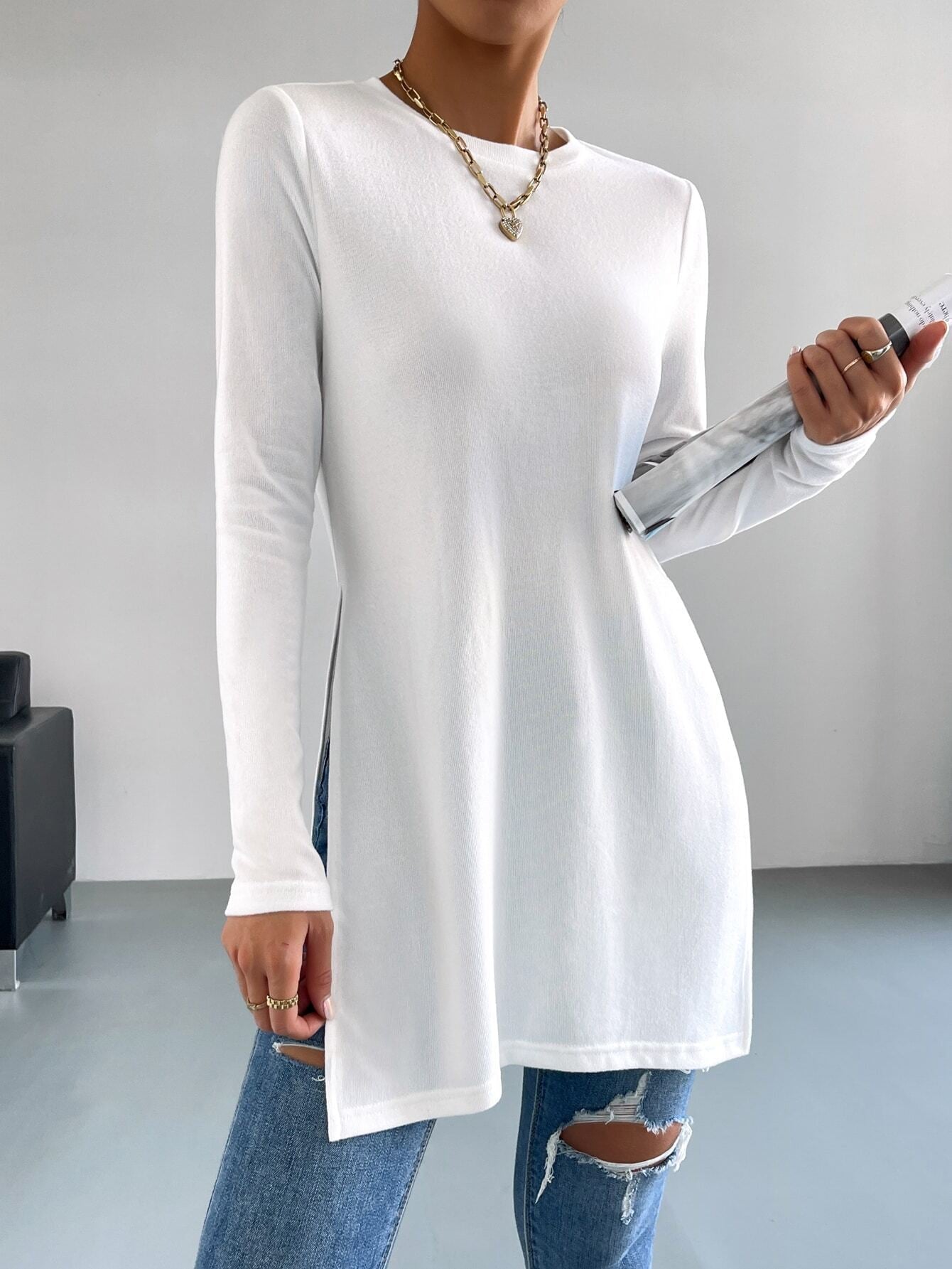 AliExpress Explosions Women's Long Sleeve Top TEMU Solid Color Hems Split Long T-Shirt Women