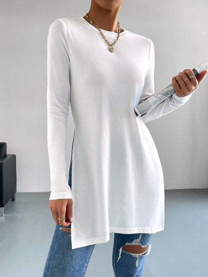 AliExpress Explosions Women's Long Sleeve Top TEMU Solid Color Hems Split Long T-Shirt Women
