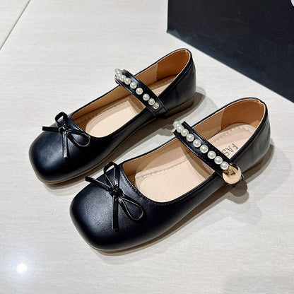 Girls & Women Gentle Style Pearl Mary Jane Flats, Bow Decoration Non Slip Soft Sole Hook And Loop Dress Shoes For Spring Autumn