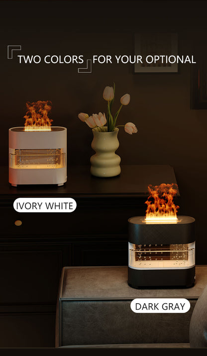 Two decorative lamps in ivory white and dark gray on a dark surface with text indicating color options.