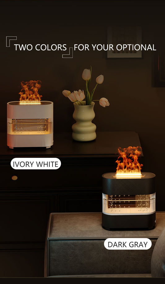 Two decorative lamps in ivory white and dark gray on a dark surface with text indicating color options.