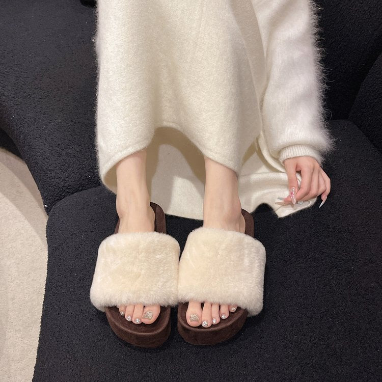 Women's Platform Furry Slippers For Outdoor Wear, New Autumn Winter Korean Stylish Single Strap High Heel Cotton Slides