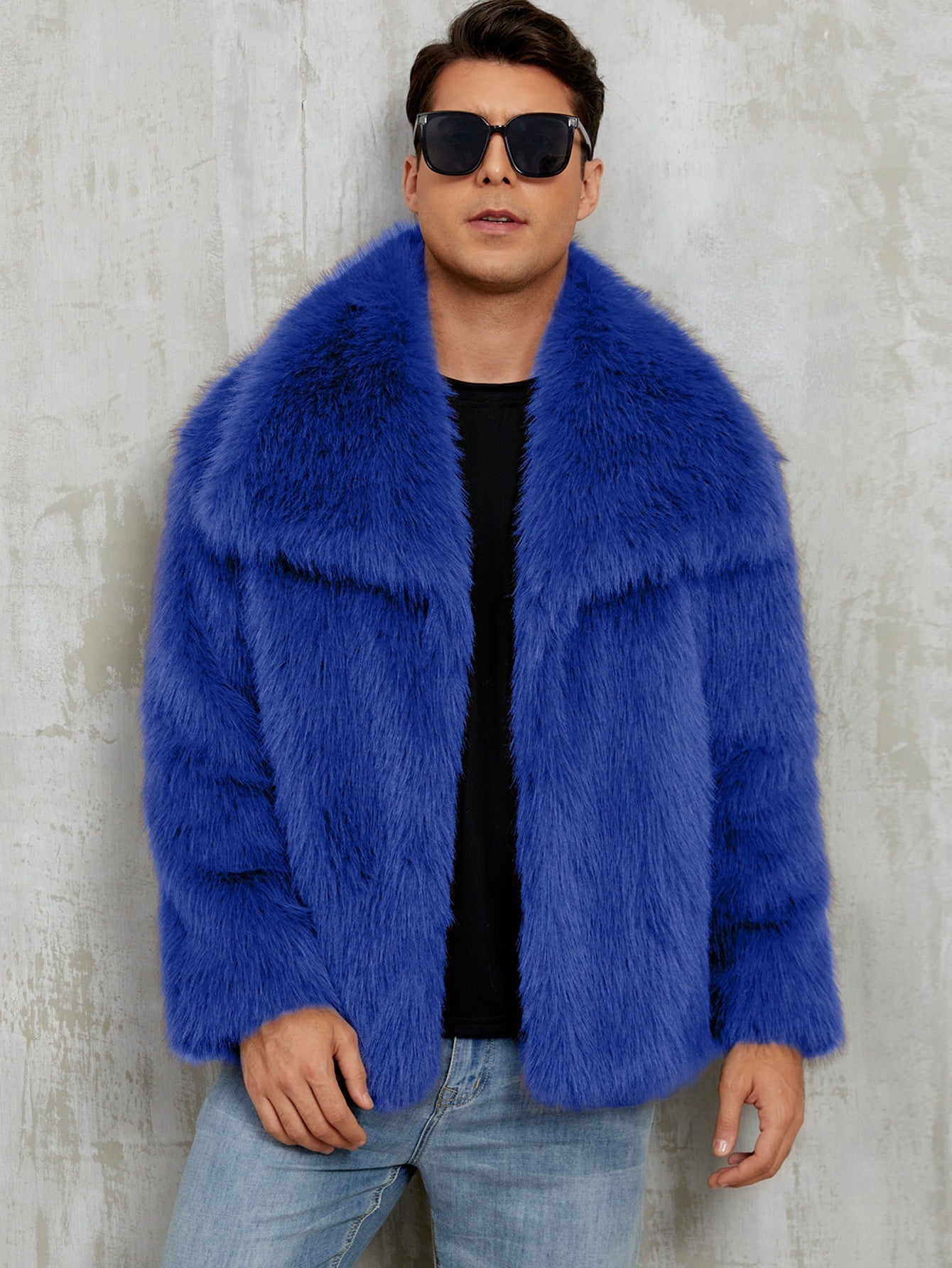 Mens Short Lapel-style Faux Fur Jacket Warm Outerwear