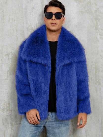 Mens Short Lapel-style Faux Fur Jacket Warm Outerwear