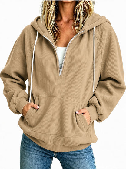 2026 Autumn New European And American Women's Half Zipper Hoodie Loose Long Sleeve Drawstring Casual Top