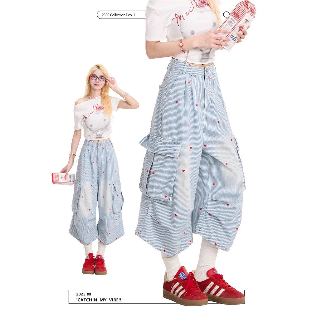 Love-Heart Print Designer-Style Cropped Denim Jeans For Women Summer