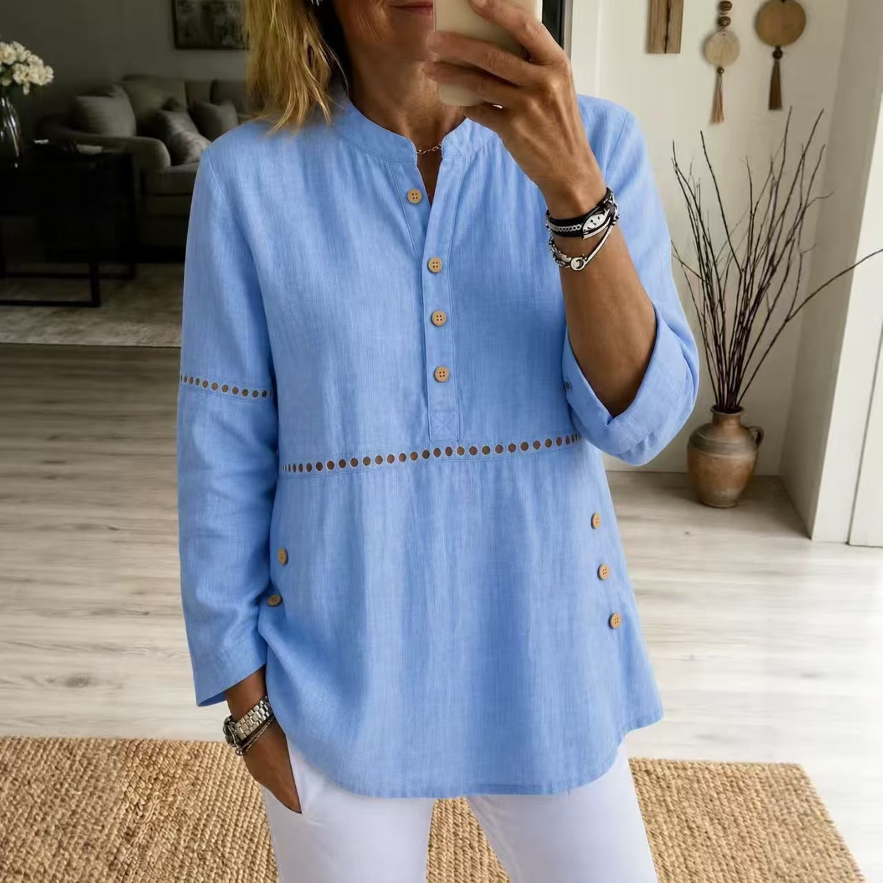 New Autumn And Winter Women's Clothing  Stand-up Collar Half-open Front Long-sleeved Top With Side Button Closure Loose Fit Casual Solid Color