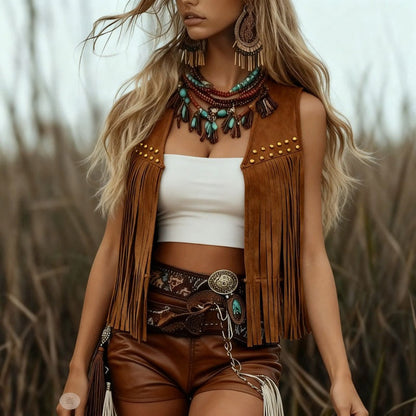 Vintage Tassel Vest Suede Rivet Sleeveless Waistcoat For Women