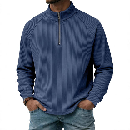 Mens Vertical-Striped Zip-Up Stand-Collar Long-Sleeve Polo Shirt