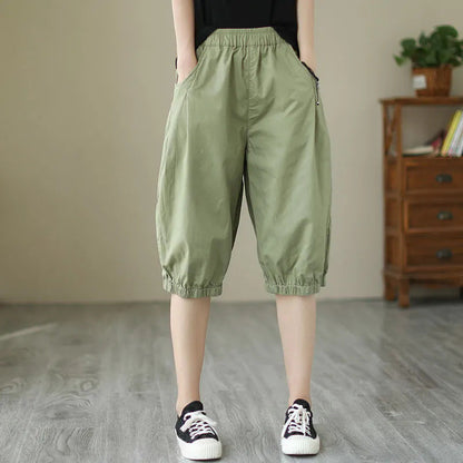 Womens Solid-color Casual Loose-fit Retro Shorts