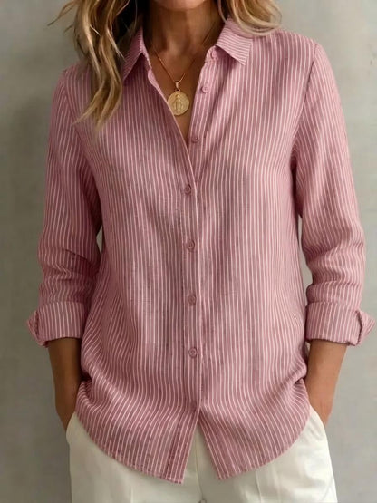 Womens Long-sleeved Linen Shirt With Blue And White Vertical Stripes