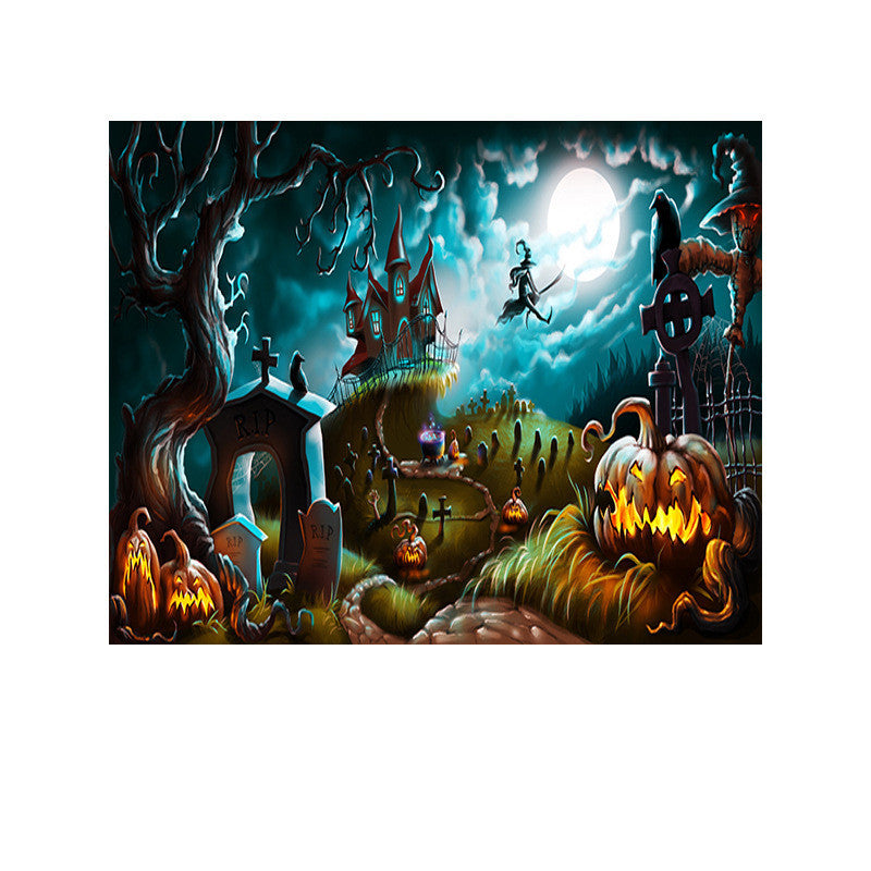 Halloween-themed scene with pumpkins, graves, and a haunted house under a full moon.