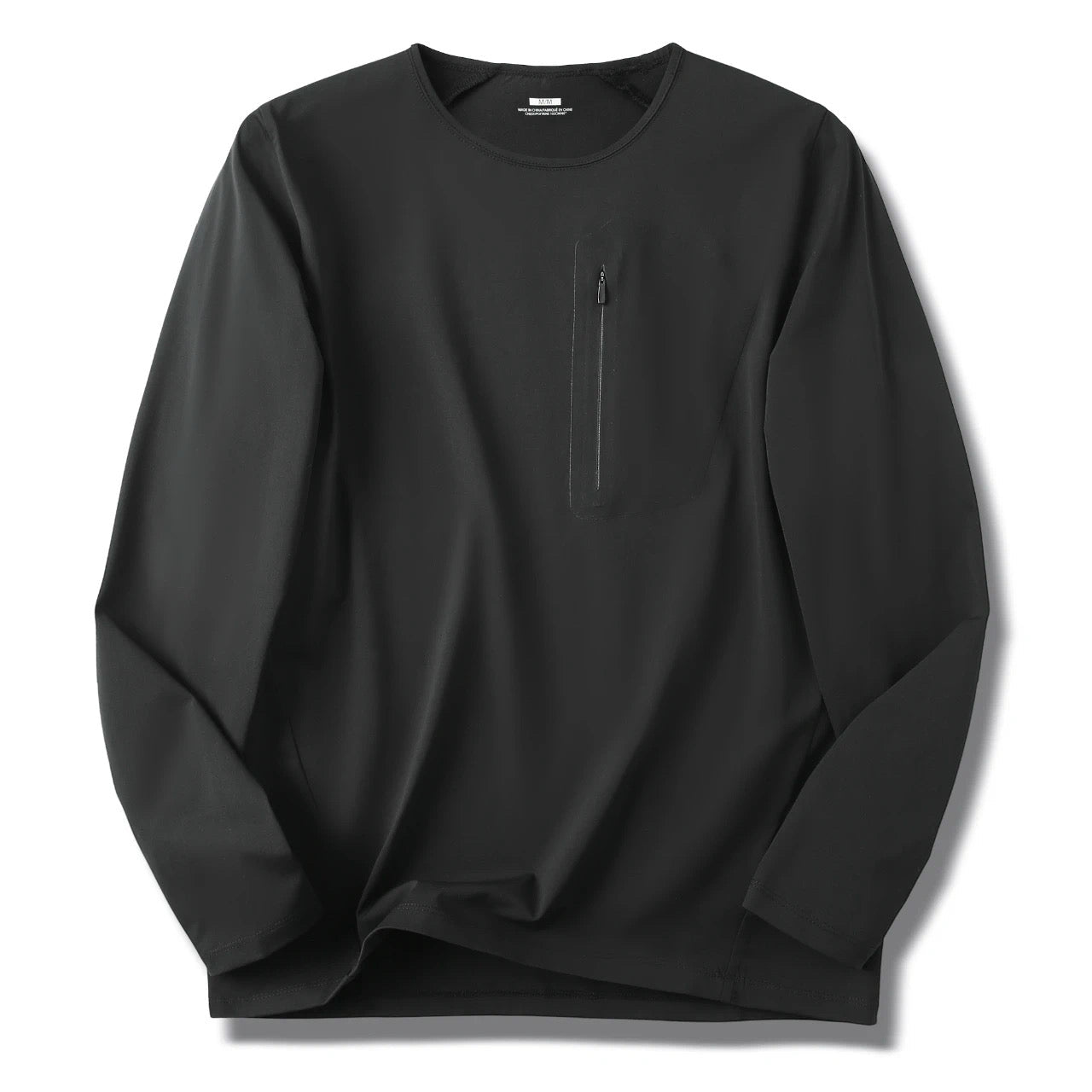 Men's Crew Neck Long Sleeve T-Shirt, Cotton Feel Moisture Wicking Quick Dry Athletic Shirts, Outdoor Hiking Tops With Seam Sealed Zipper Chest Pocket For Fall