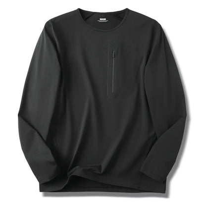 Men's Crew Neck Long Sleeve T-Shirt, Cotton Feel Moisture Wicking Quick Dry Athletic Shirts, Outdoor Hiking Tops With Seam Sealed Zipper Chest Pocket For Fall