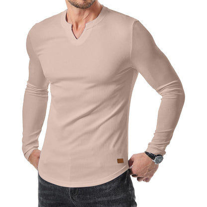 Cross-border Amazon New Foreign Trade Autumn And Winter Men's V-neck Pit T-shirt Solid Color Casual Fashion Men's Long Sleeve