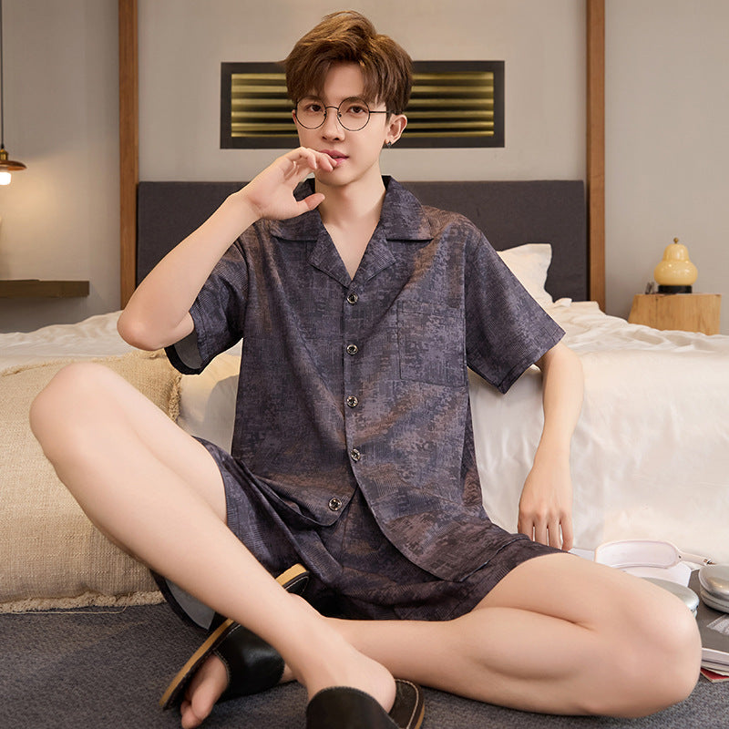 Mens Summer Cardigan Ice-silk Short-sleeve Top And Shorts