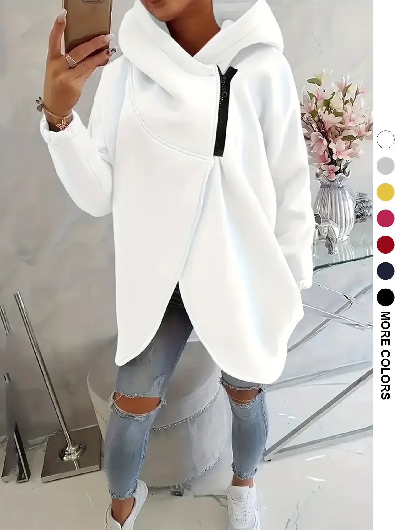 Womens Solid-color Long-sleeve Casual Hooded Sweatshirt