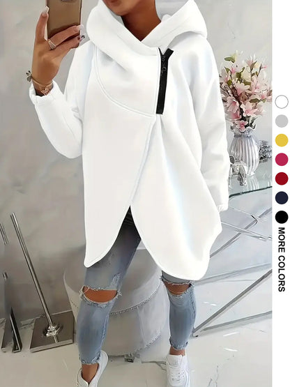 Womens Solid-color Long-sleeve Casual Hooded Sweatshirt