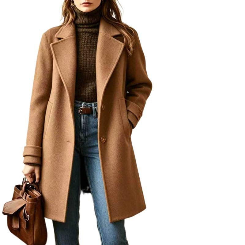 Elegant Midi-length Single-breasted Solid-color Wool Coat With A Lapel