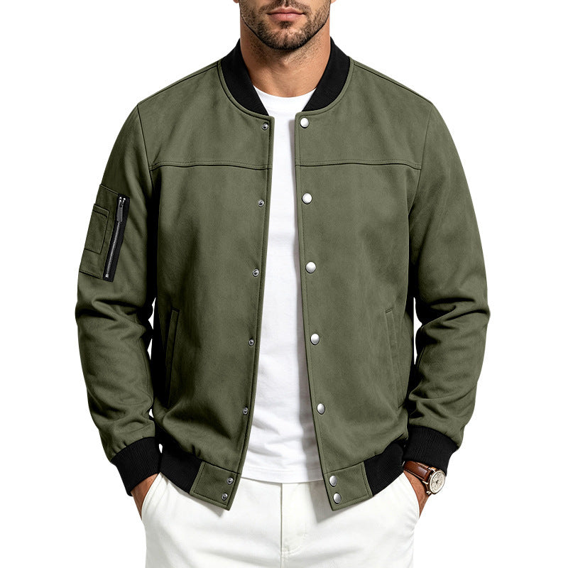 Mens Suede-Blend Casual Sporty Stand-Neck Jacket With Buttons