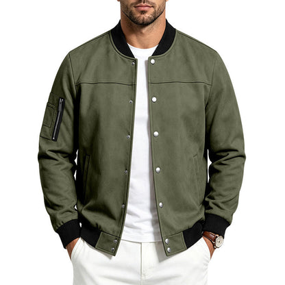 Mens Suede-Blend Casual Sporty Stand-Neck Jacket With Buttons