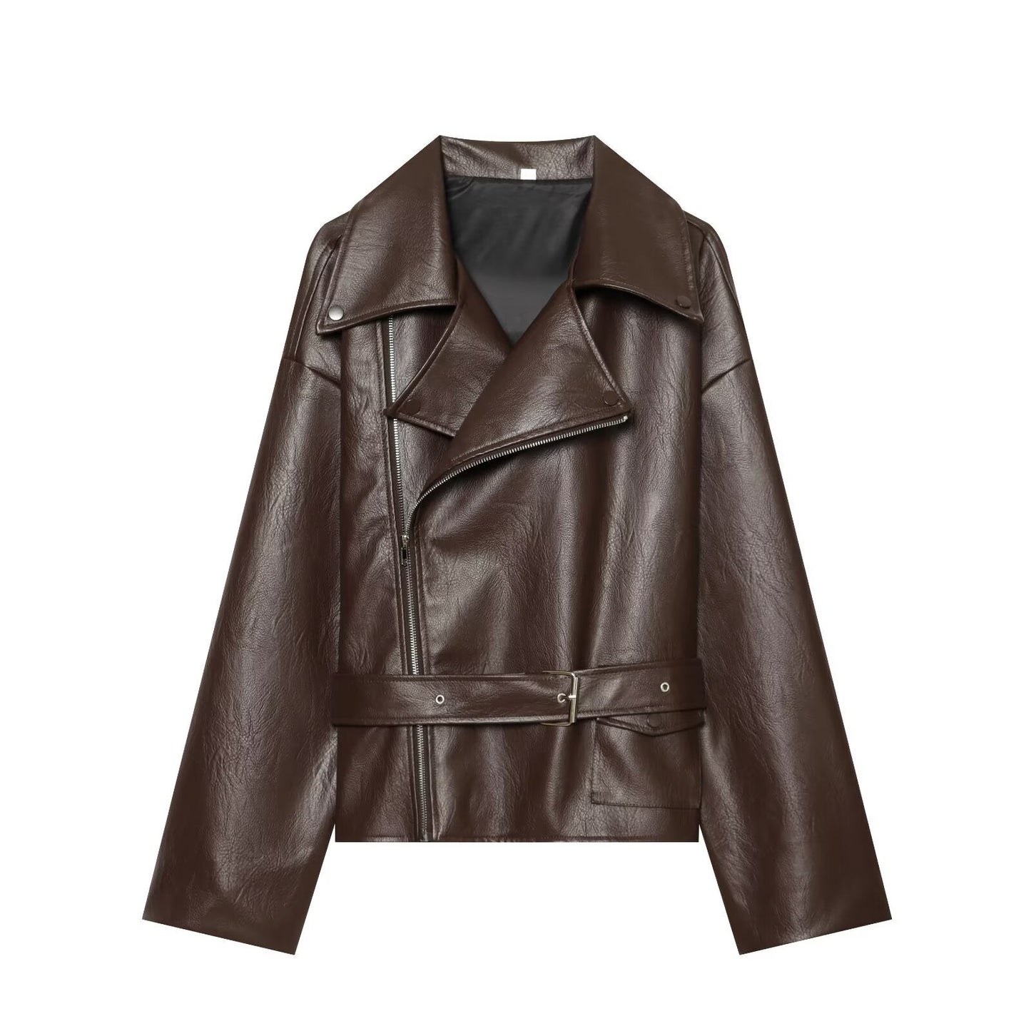 Elegant LapelneckLaceup Cropped Leather Jacket For Workwear
