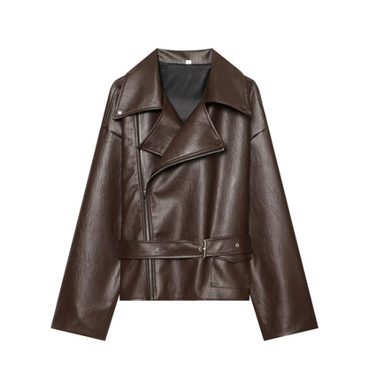 Elegant LapelneckLaceup Cropped Leather Jacket For Workwear