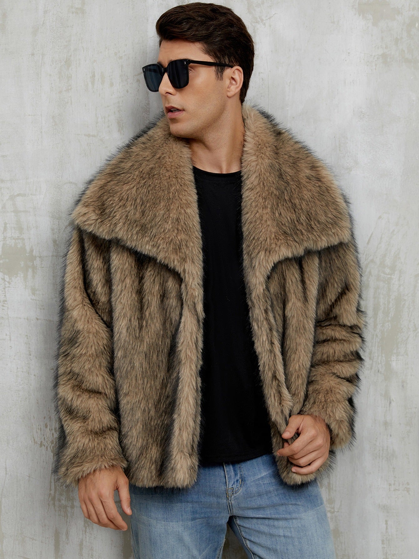 Mens Short Lapel-style Faux Fur Jacket Warm Outerwear