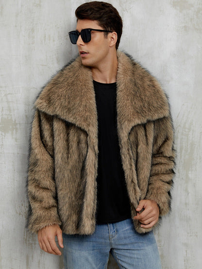 Mens Short Lapel-style Faux Fur Jacket Warm Outerwear