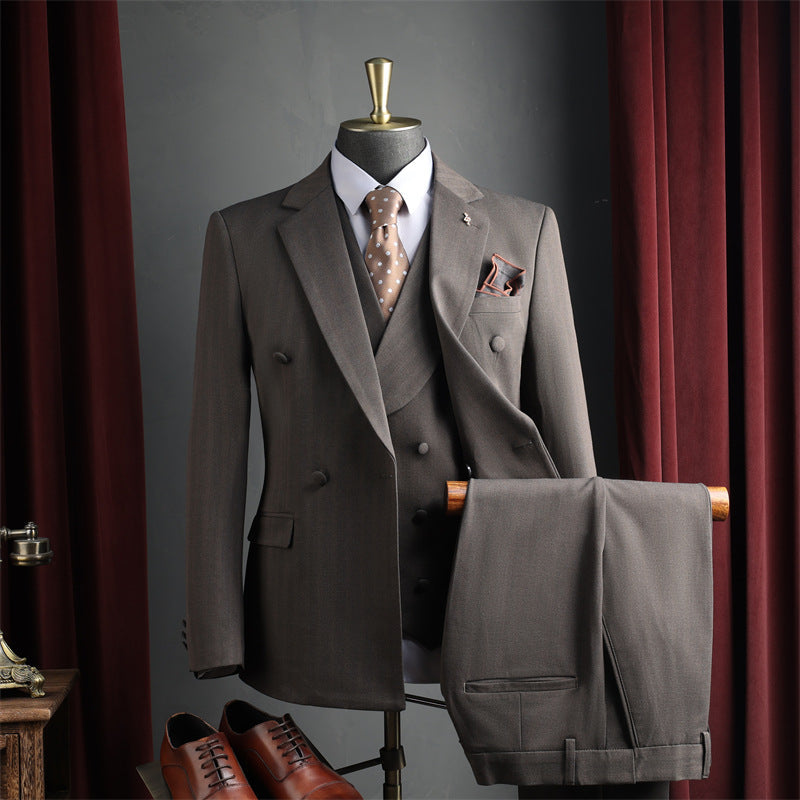 Men Dark Brown Peak Lapel Double Breasted 3 Piece Suit Set