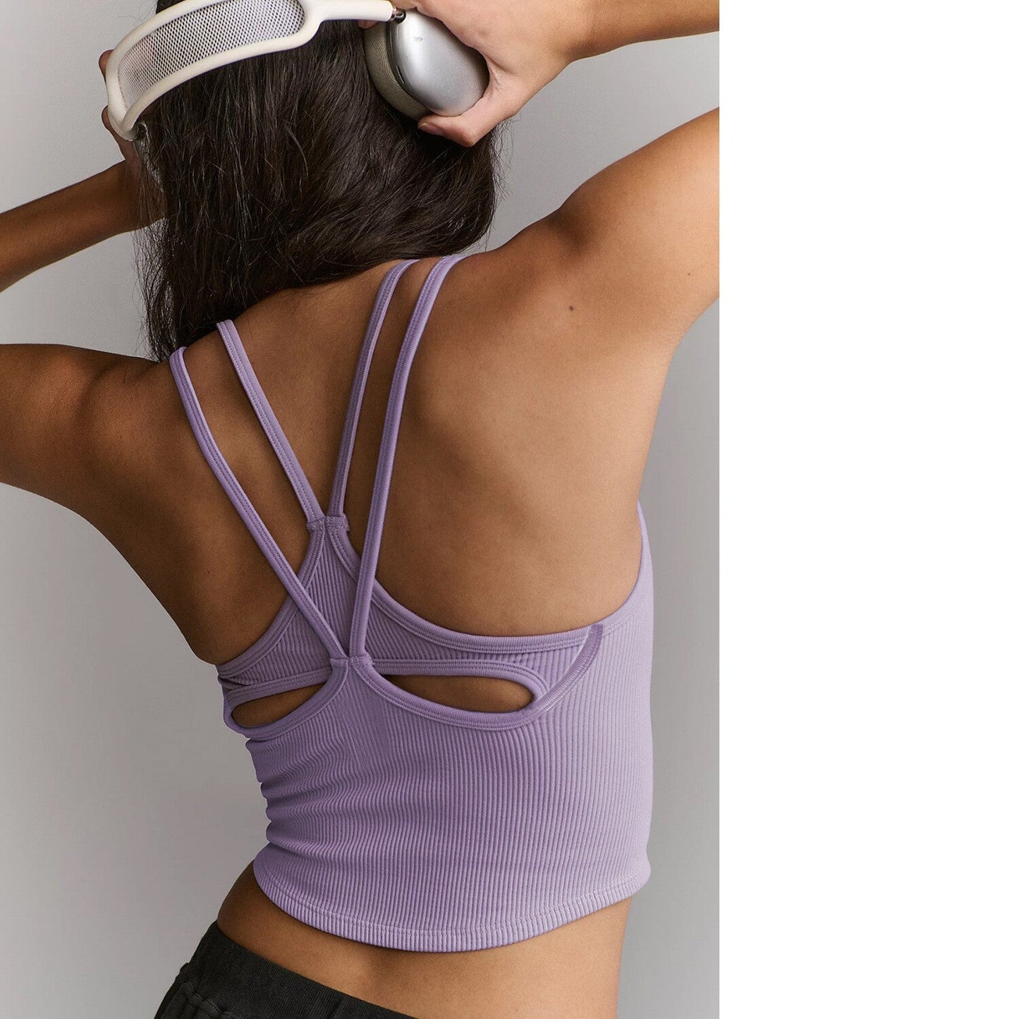 Women's Sleeveless Fashionable Unique Sports Casual Thin Strap Hollow Back Crop Backless Tank Top With Built-in Bra Pads