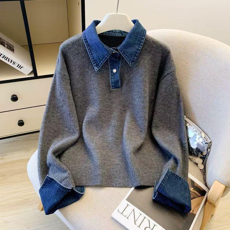 Fake Two-piece Denim Patchwork Polo-neck Contrast-color Sweater