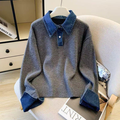 Fake Two-piece Denim Patchwork Polo-neck Contrast-color Sweater